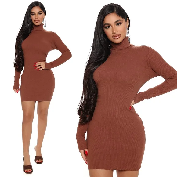 ❤️Fashion Nova Chocolate Brown Savy Heavy Rib Mini Dress☆ - Picture 1 of 2